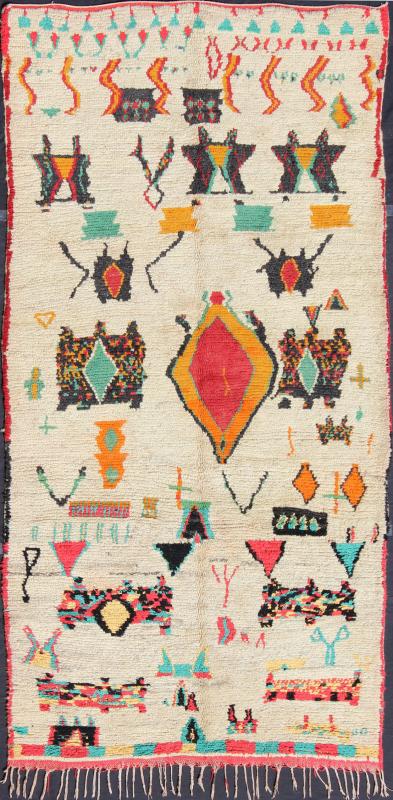 Vintage Moroccan Azilal Rug with Tribal design in bright Colors. This Moroccan carpet offers comfort and warmth with a neutral field and vivid color palette. Keivan Woven Arts Rug/BDS - 136634. Set on an off white background, this rug features s... - Keivan Woven ArtsBDS - 136634 - 7299Rug