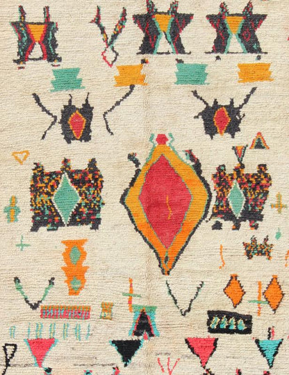 Vintage Moroccan Azilal Rug with Tribal design in bright Colors. This Moroccan carpet offers comfort and warmth with a neutral field and vivid color palette. Keivan Woven Arts Rug/BDS - 136634. Set on an off white background, this rug features s... - Keivan Woven ArtsBDS - 136634 - 7299Rug
