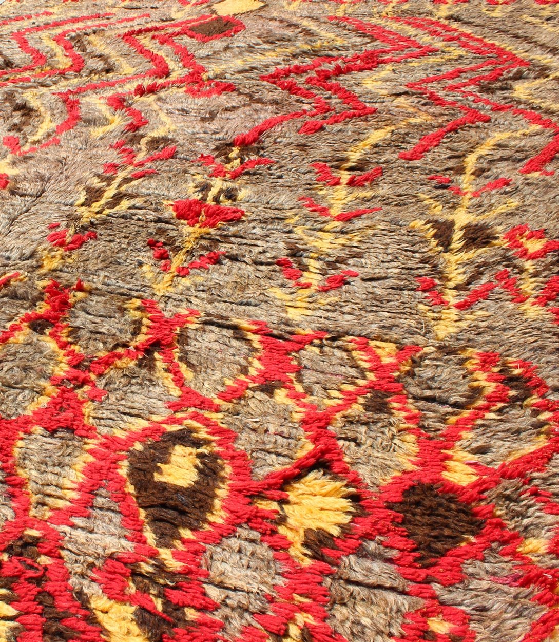 Midcentury Hand Knotted Tribal Moroccan Rug With Red, Gray, Yellow, and Charcoal Midcentury Moroccan rug with charcoal, red, yellow, and gray. Keivan Woven Arts rug/BDS - 20768, country of origin / type: Morocco / Tribal, circa mid - 20th century ... - Keivan Woven ArtsBDS - 20768 - 9575Rug