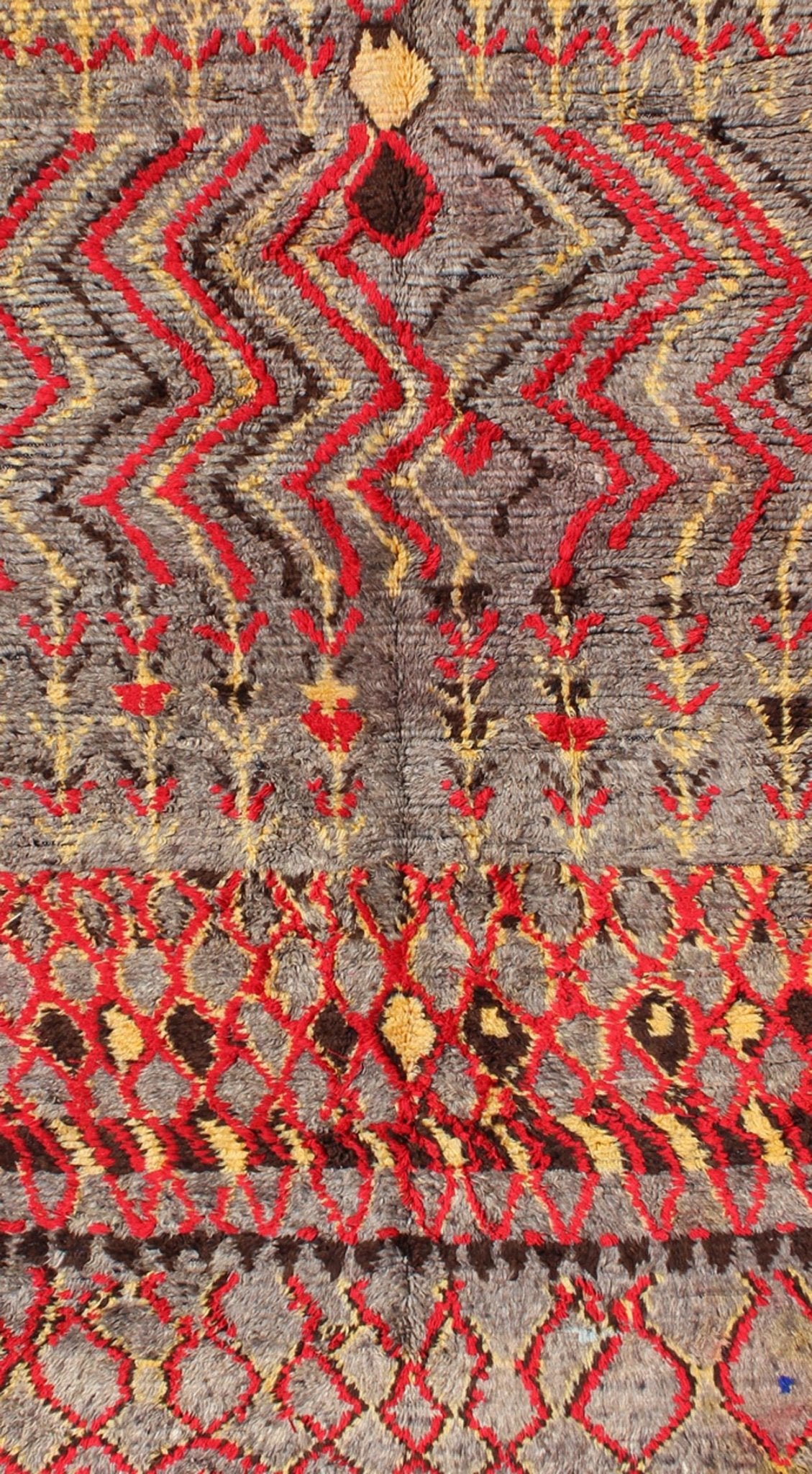 Midcentury Hand Knotted Tribal Moroccan Rug With Red, Gray, Yellow, and Charcoal Midcentury Moroccan rug with charcoal, red, yellow, and gray. Keivan Woven Arts rug/BDS - 20768, country of origin / type: Morocco / Tribal, circa mid - 20th century ... - Keivan Woven ArtsBDS - 20768 - 9575Rug