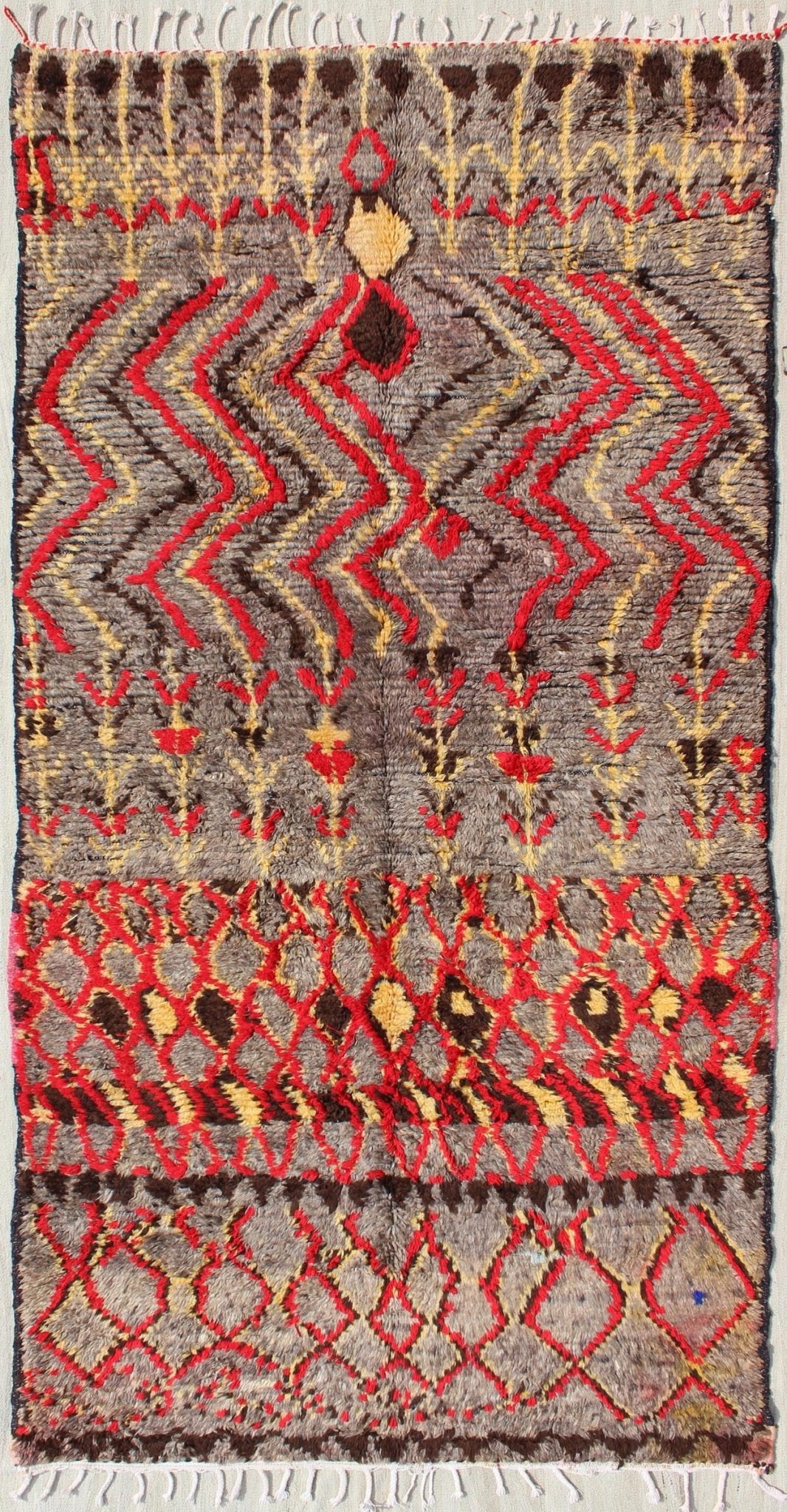 Midcentury Hand Knotted Tribal Moroccan Rug With Red, Gray, Yellow, and Charcoal Midcentury Moroccan rug with charcoal, red, yellow, and gray. Keivan Woven Arts rug/BDS - 20768, country of origin / type: Morocco / Tribal, circa mid - 20th century ... - Keivan Woven ArtsBDS - 20768 - 9575Rug