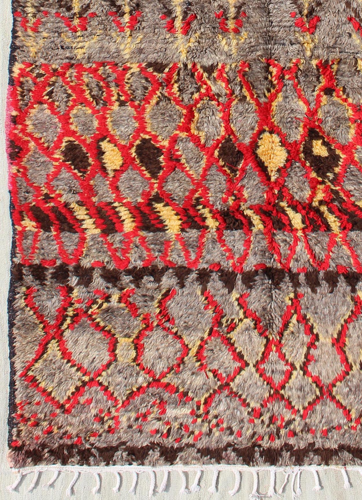 Midcentury Hand Knotted Tribal Moroccan Rug With Red, Gray, Yellow, and Charcoal Midcentury Moroccan rug with charcoal, red, yellow, and gray. Keivan Woven Arts rug/BDS - 20768, country of origin / type: Morocco / Tribal, circa mid - 20th century ... - Keivan Woven ArtsBDS - 20768 - 9575Rug