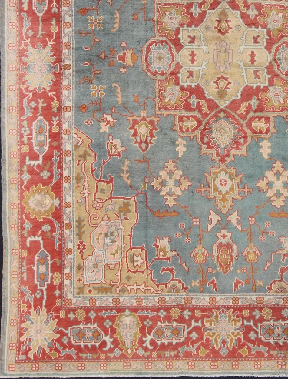 Antique Turkish Oushak Rug On A Blue Background and Orange - Red Color Border. Keivan Woven Arts / rug BHR - 1, country of origin / type: Turkey / Oushak, circa Early - 20th century. Measures: 9'9 x 13'1 This antique Turkish Oushak bears a remarkable... - Keivan Woven ArtsBHR - 1 - 5205Rug