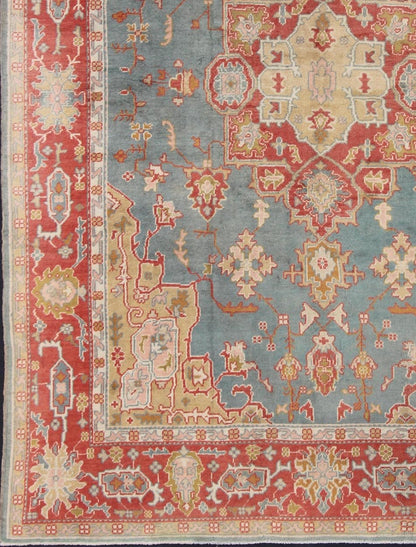 Antique Turkish Oushak Rug On A Blue Background and Orange - Red Color Border. Keivan Woven Arts / rug BHR - 1, country of origin / type: Turkey / Oushak, circa Early - 20th century. Measures: 9'9 x 13'1 This antique Turkish Oushak bears a remarkable... - Keivan Woven ArtsBHR - 1 - 5205Rug