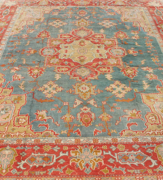 Antique Turkish Oushak Rug On A Blue Background and Orange - Red Color Border. Keivan Woven Arts / rug BHR - 1, country of origin / type: Turkey / Oushak, circa Early - 20th century. Measures: 9'9 x 13'1 This antique Turkish Oushak bears a remarkable... - Keivan Woven ArtsBHR - 1 - 5205