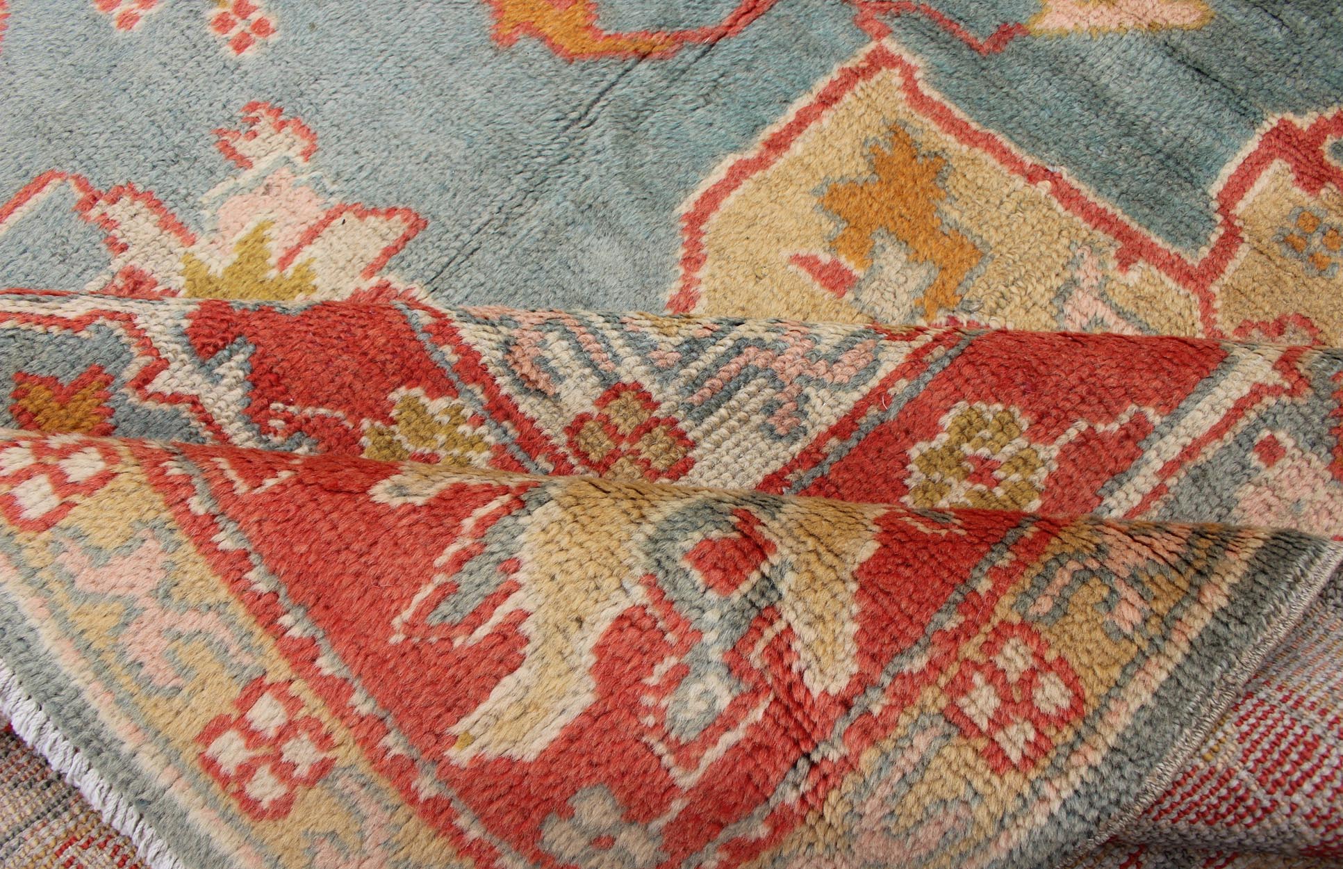 Antique Turkish Oushak Rug On A Blue Background and Orange - Red Color Border. Keivan Woven Arts / rug BHR - 1, country of origin / type: Turkey / Oushak, circa Early - 20th century. Measures: 9'9 x 13'1 This antique Turkish Oushak bears a remarkable... - Keivan Woven ArtsBHR - 1 - 5205Rug