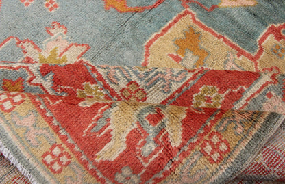 Antique Turkish Oushak Rug On A Blue Background and Orange - Red Color Border. Keivan Woven Arts / rug BHR - 1, country of origin / type: Turkey / Oushak, circa Early - 20th century. Measures: 9'9 x 13'1 This antique Turkish Oushak bears a remarkable... - Keivan Woven ArtsBHR - 1 - 5205Rug