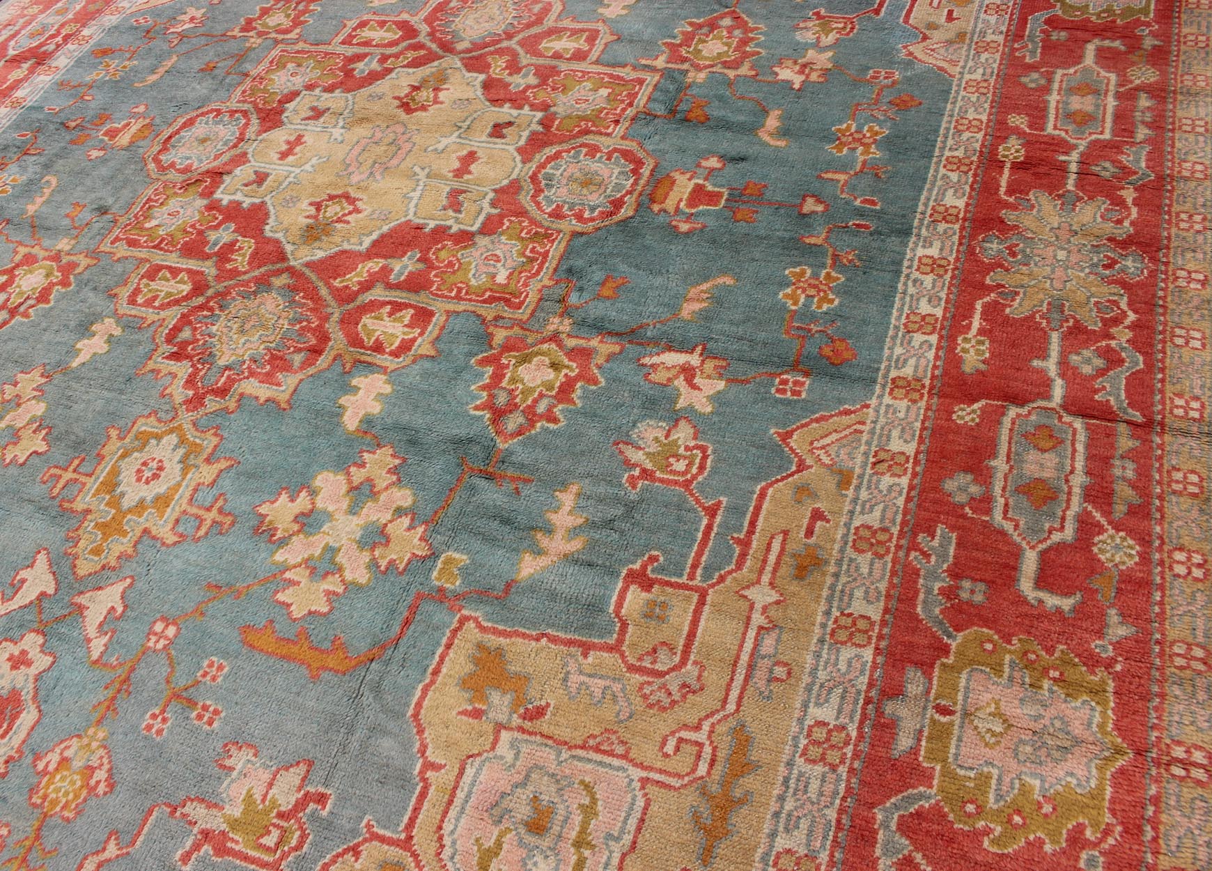 Antique Turkish Oushak Rug On A Blue Background and Orange - Red Color Border. Keivan Woven Arts / rug BHR - 1, country of origin / type: Turkey / Oushak, circa Early - 20th century. Measures: 9'9 x 13'1 This antique Turkish Oushak bears a remarkable... - Keivan Woven ArtsBHR - 1 - 5205Rug