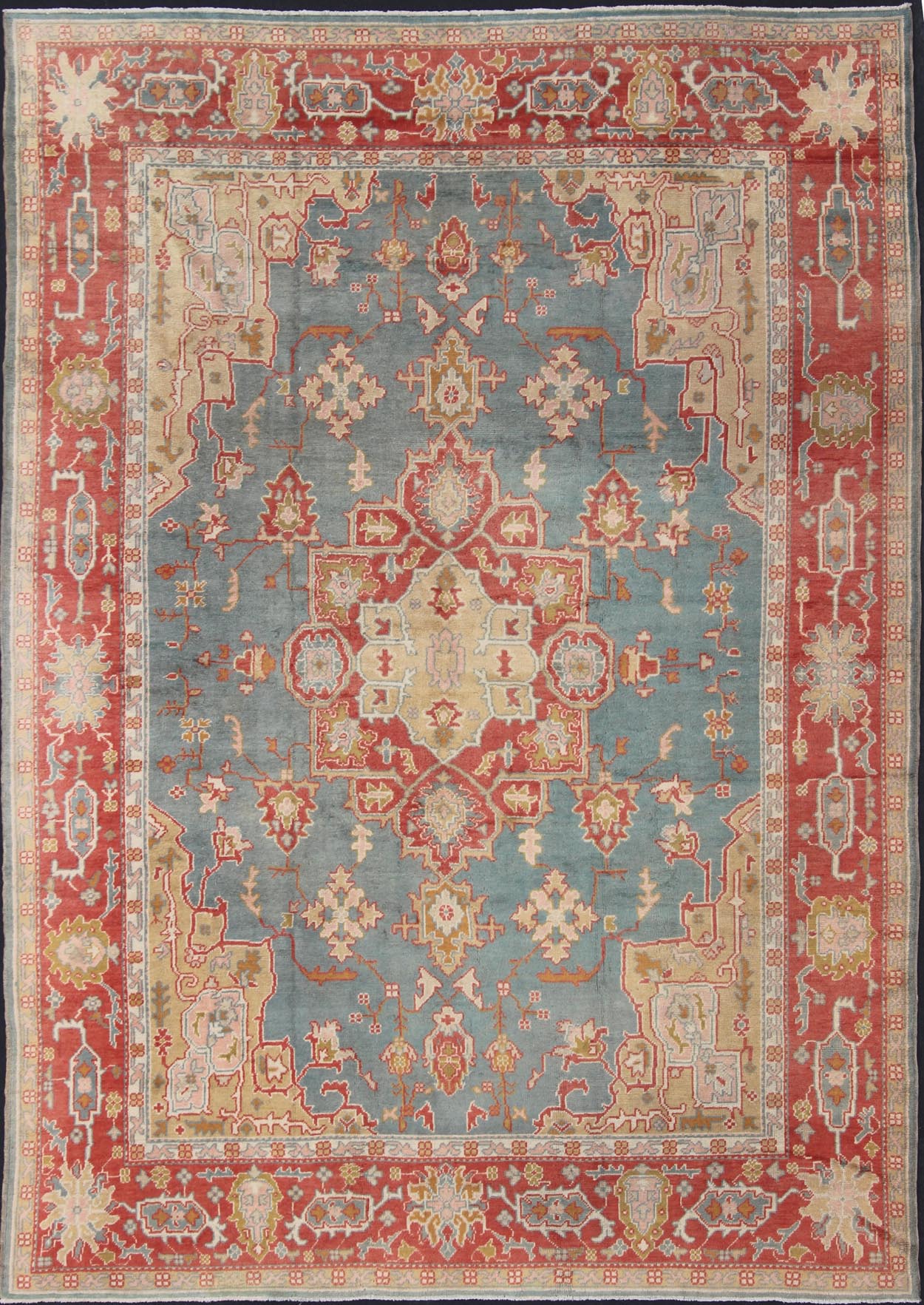 Antique Turkish Oushak Rug On A Blue Background and Orange - Red Color Border. Keivan Woven Arts / rug BHR - 1, country of origin / type: Turkey / Oushak, circa Early - 20th century. Measures: 9'9 x 13'1 This antique Turkish Oushak bears a remarkable... - Keivan Woven ArtsBHR - 1 - 5205Rug