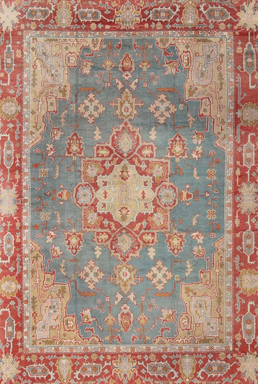 Antique Turkish Oushak Rug On A Blue Background and Orange - Red Color Border. Keivan Woven Arts / rug BHR - 1, country of origin / type: Turkey / Oushak, circa Early - 20th century. Measures: 9'9 x 13'1 This antique Turkish Oushak bears a remarkable... - Keivan Woven ArtsBHR - 1 - 5205Rug