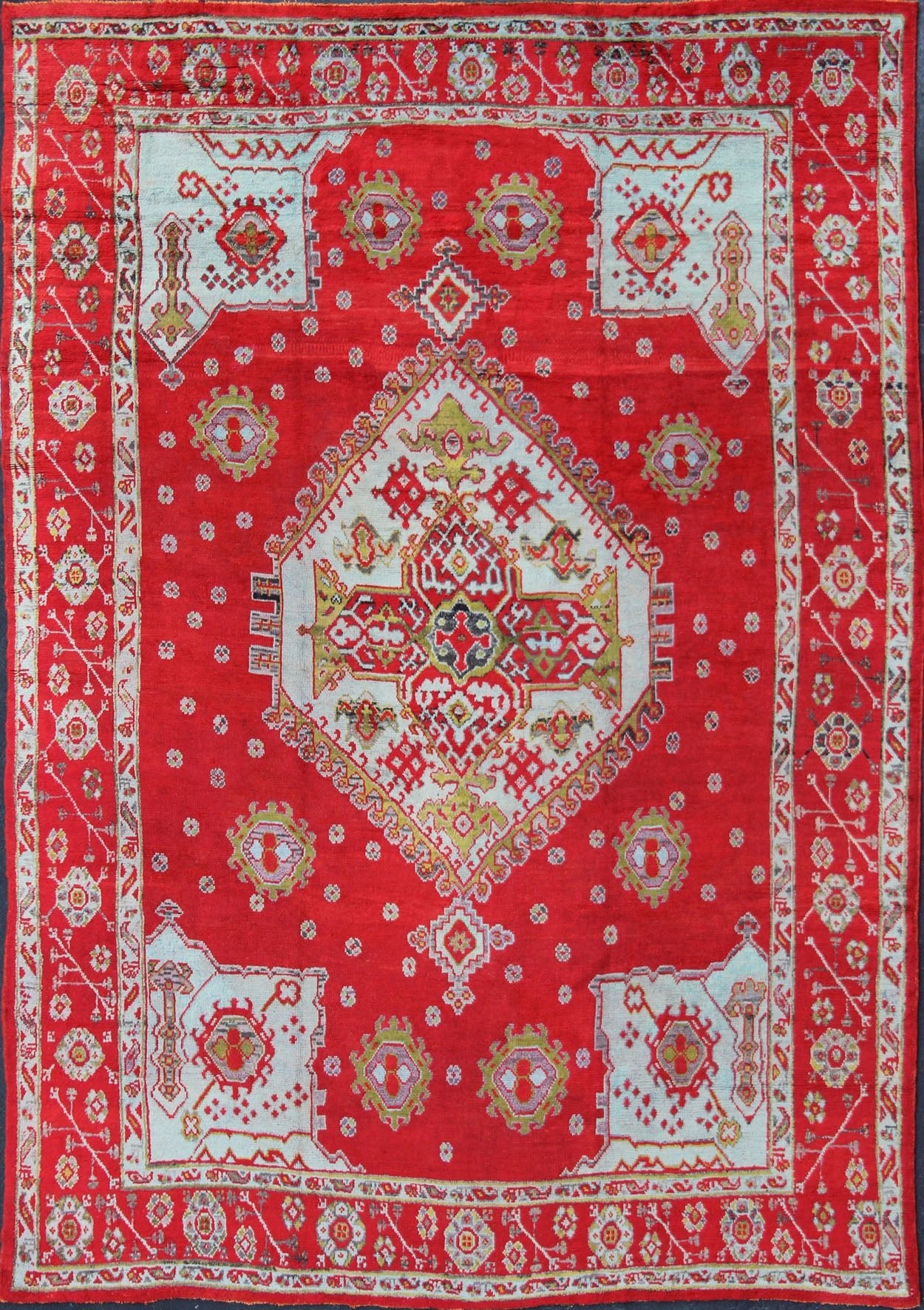 Large Antique Oushak Rug in Red, Acid Green and Ice Blue by Keivan Woven Arts Antique Oushak rug with beautiful red, Keivan Woven Arts/ Rug/BHR - 2 Measure: 12' x 16'5. This lovely antique Oushak has a bold geometric medallion with four ... - Keivan Woven ArtsBHR - 2 - 5967Rug
