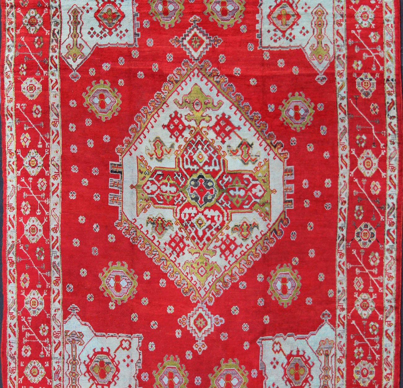 Large Antique Oushak Rug in Red, Acid Green and Ice Blue by Keivan Woven Arts Antique Oushak rug with beautiful red, Keivan Woven Arts/ Rug/BHR - 2 Measure: 12' x 16'5. This lovely antique Oushak has a bold geometric medallion with four ... - Keivan Woven ArtsBHR - 2 - 5967Rug