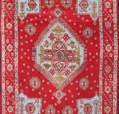 Large Antique Oushak Rug in Red, Acid Green and Ice Blue by Keivan Woven Arts Antique Oushak rug with beautiful red, Keivan Woven Arts/ Rug/BHR - 2 Measure: 12' x 16'5. This lovely antique Oushak has a bold geometric medallion with four ... - Keivan Woven ArtsBHR - 2 - 5967Rug