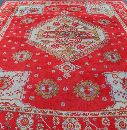 Large Antique Oushak Rug in Red, Acid Green and Ice Blue by Keivan Woven Arts Antique Oushak rug with beautiful red, Keivan Woven Arts/ Rug/BHR - 2 Measure: 12' x 16'5. This lovely antique Oushak has a bold geometric medallion with four ... - Keivan Woven ArtsBHR - 2 - 5967Rug