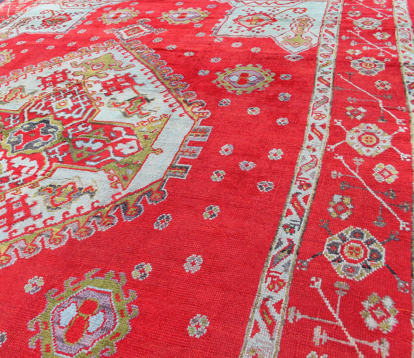 Large Antique Oushak Rug in Red, Acid Green and Ice Blue by Keivan Woven Arts Antique Oushak rug with beautiful red, Keivan Woven Arts/ Rug/BHR - 2 Measure: 12' x 16'5. This lovely antique Oushak has a bold geometric medallion with four ... - Keivan Woven ArtsBHR - 2 - 5967Rug