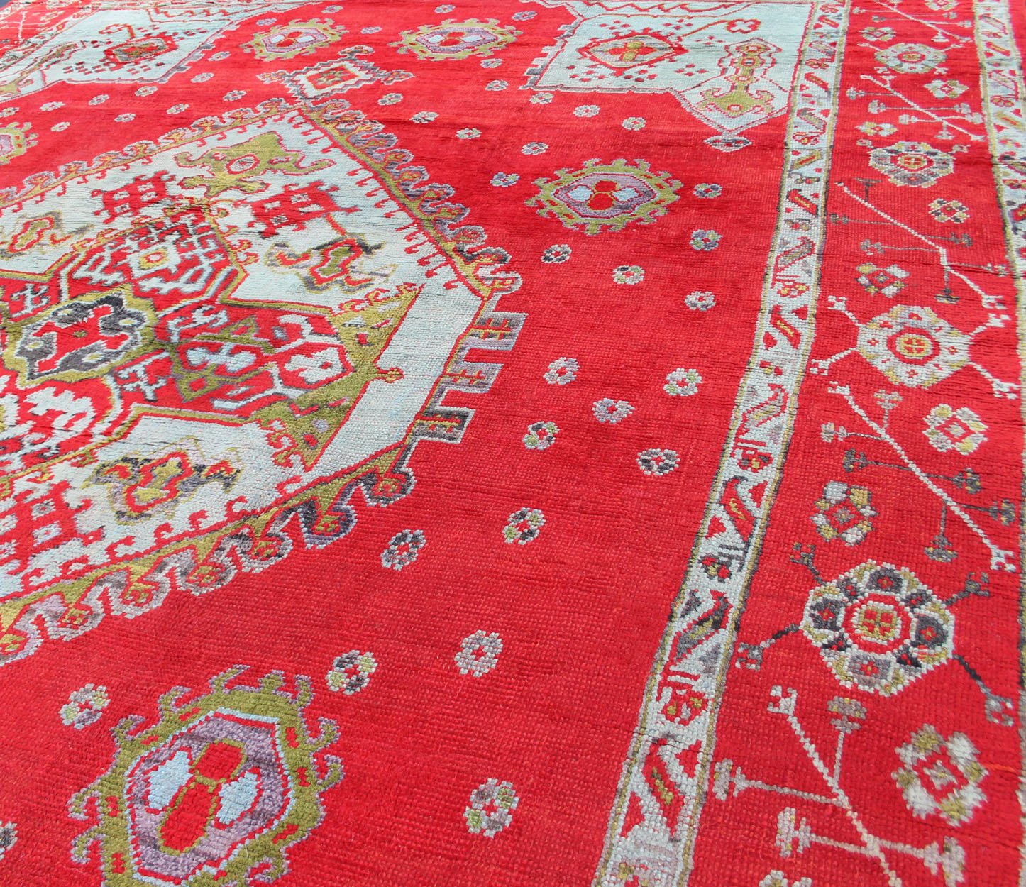 Large Antique Oushak Rug in Red, Acid Green and Ice Blue by Keivan Woven Arts Antique Oushak rug with beautiful red, Keivan Woven Arts/ Rug/BHR - 2 Measure: 12' x 16'5. This lovely antique Oushak has a bold geometric medallion with four ... - Keivan Woven ArtsBHR - 2 - 5967Rug
