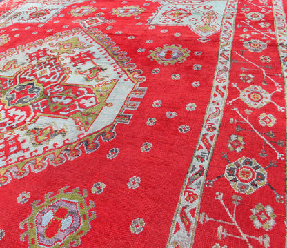 Large Antique Oushak Rug in Red, Acid Green and Ice Blue by Keivan Woven Arts Antique Oushak rug with beautiful red, Keivan Woven Arts/ Rug/BHR - 2 Measure: 12' x 16'5. This lovely antique Oushak has a bold geometric medallion with four ... - Keivan Woven ArtsBHR - 2 - 5967Rug