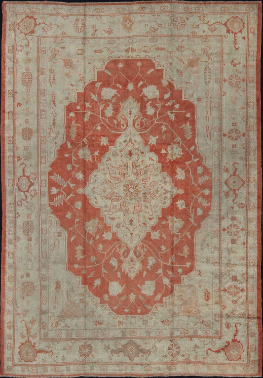 Antique Turkish Oushak Carpet With Medallion In Cream and Soft Orange. Keivan Woven Arts / Rug / BHR - 3 / country of origin / type: Turkey / Oushak, circa 1900. Antique oushak, Turkish oushak Measures: 9.1 x 12.6. This beautiful rug from early 20t... - Keivan Woven ArtsBHR - 3 - 4778