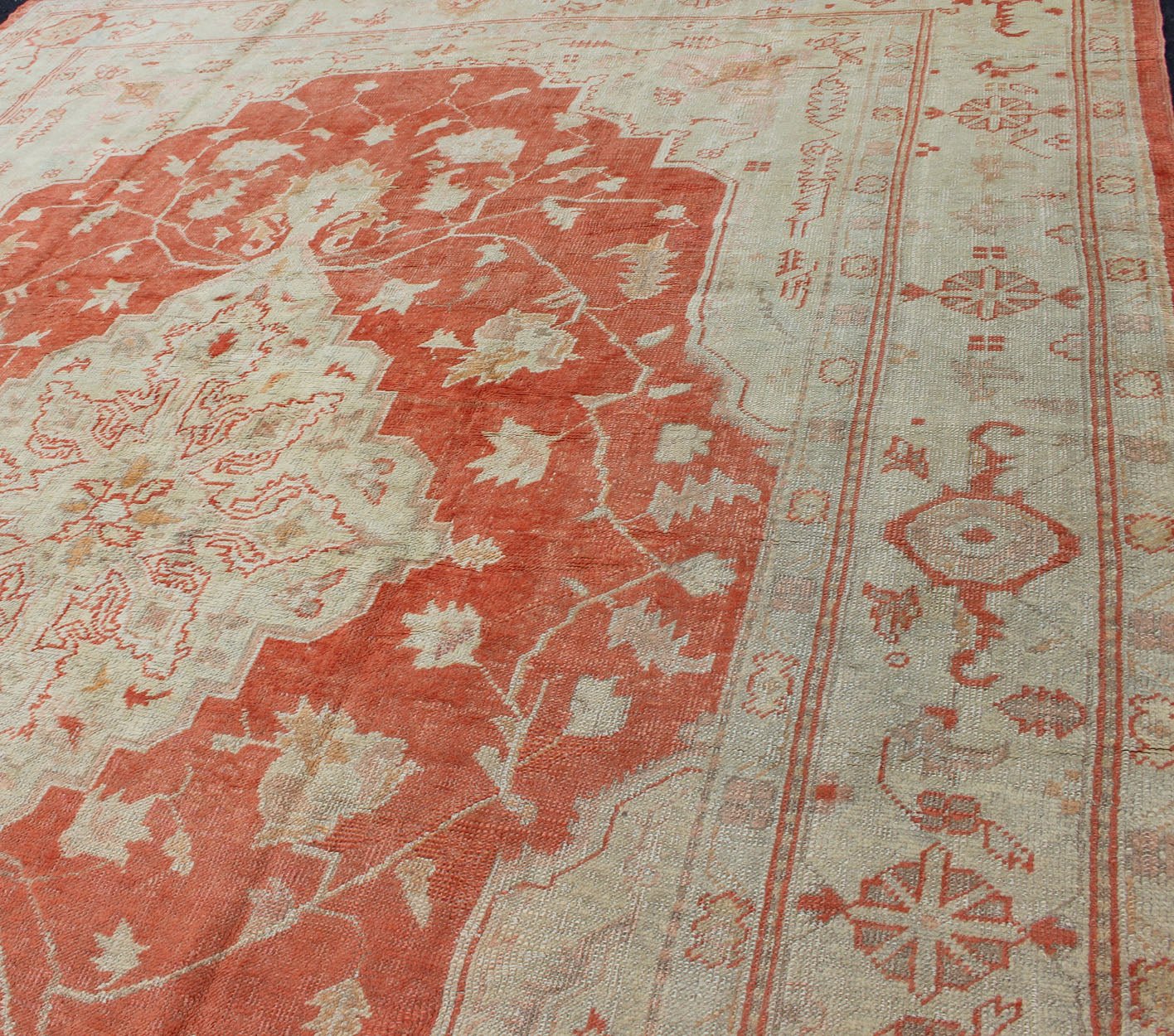 Antique Turkish Oushak Carpet With Medallion In Cream and Soft Orange. Keivan Woven Arts / Rug / BHR - 3 / country of origin / type: Turkey / Oushak, circa 1900. Antique oushak, Turkish oushak Measures: 9.1 x 12.6. This beautiful rug from early 20t... - Keivan Woven ArtsBHR - 3 - 4778Rug