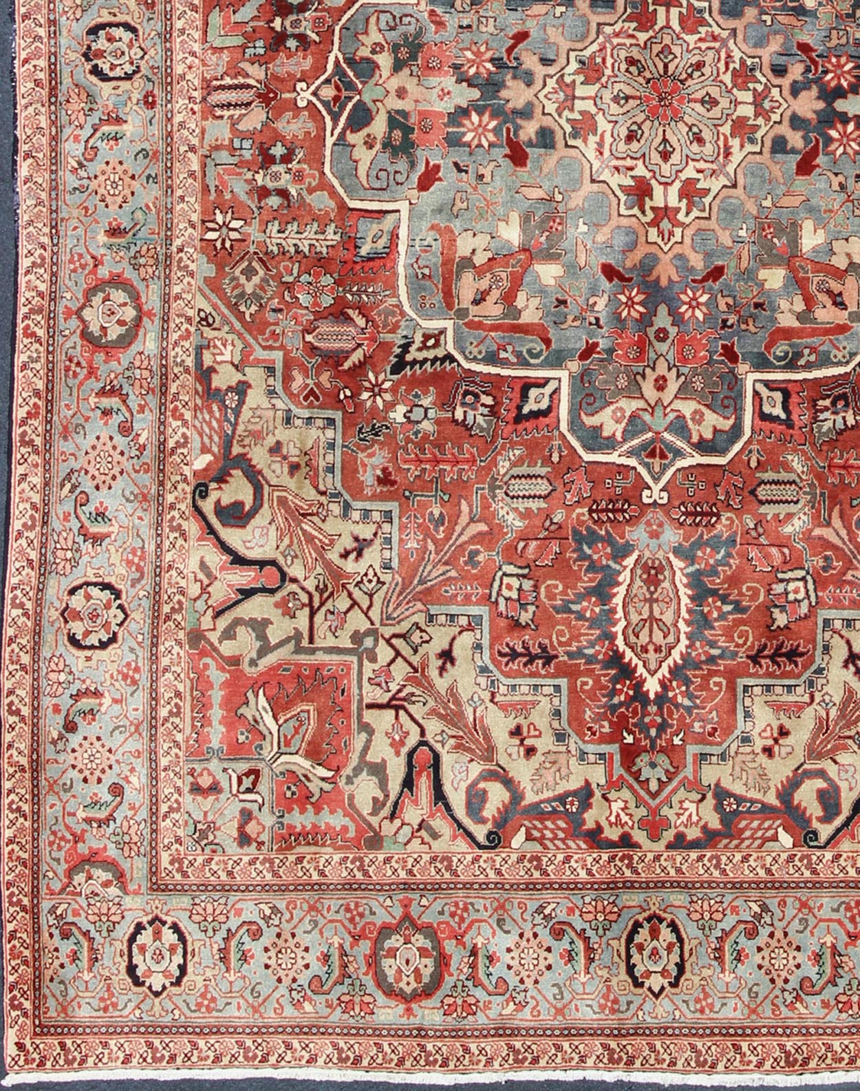 Persian Heriz - Serapi Vintage Rug with Geometric Design in Soft Colors. Large Heriz - Serapi Vintage Persian Rug with Geometric Design in Rust Red, Light Blue, yellow, and Multi colors. Keivan Woven Arts/ Rug/ BN, Country/type/ Persian Rug, Serapi ... - Keivan Woven ArtsBN - 1201Rug