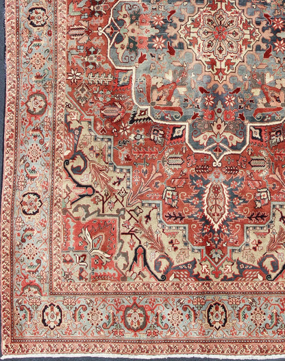 Persian Heriz - Serapi Vintage Rug with Geometric Design in Soft Colors. Large Heriz - Serapi Vintage Persian Rug with Geometric Design in Rust Red, Light Blue, yellow, and Multi colors. Keivan Woven Arts/ Rug/ BN, Country/type/ Persian Rug, Serapi ... - Keivan Woven ArtsBN - 1201Rug