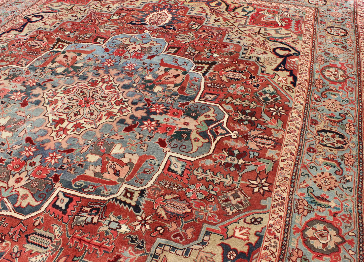 Persian Heriz - Serapi Vintage Rug with Geometric Design in Soft Colors. Large Heriz - Serapi Vintage Persian Rug with Geometric Design in Rust Red, Light Blue, yellow, and Multi colors. Keivan Woven Arts/ Rug/ BN, Country/type/ Persian Rug, Serapi ... - Keivan Woven ArtsBN - 1201Rug