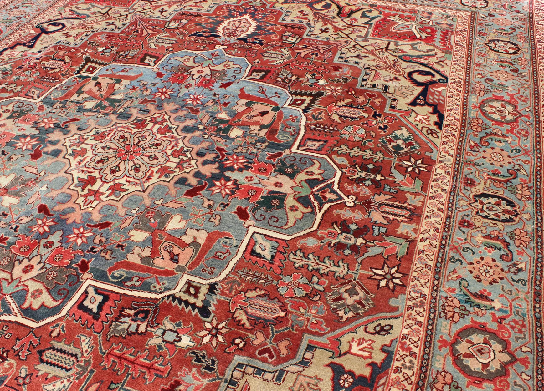 Persian Heriz - Serapi Vintage Rug with Geometric Design in Soft Colors. Large Heriz - Serapi Vintage Persian Rug with Geometric Design in Rust Red, Light Blue, yellow, and Multi colors. Keivan Woven Arts/ Rug/ BN, Country/type/ Persian Rug, Serapi ... - Keivan Woven ArtsBN - 1201Rug