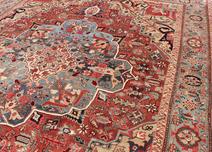 Persian Heriz - Serapi Vintage Rug with Geometric Design in Soft Colors. Large Heriz - Serapi Vintage Persian Rug with Geometric Design in Rust Red, Light Blue, yellow, and Multi colors. Keivan Woven Arts/ Rug/ BN, Country/type/ Persian Rug, Serapi ... - Keivan Woven ArtsBN - 1201Rug