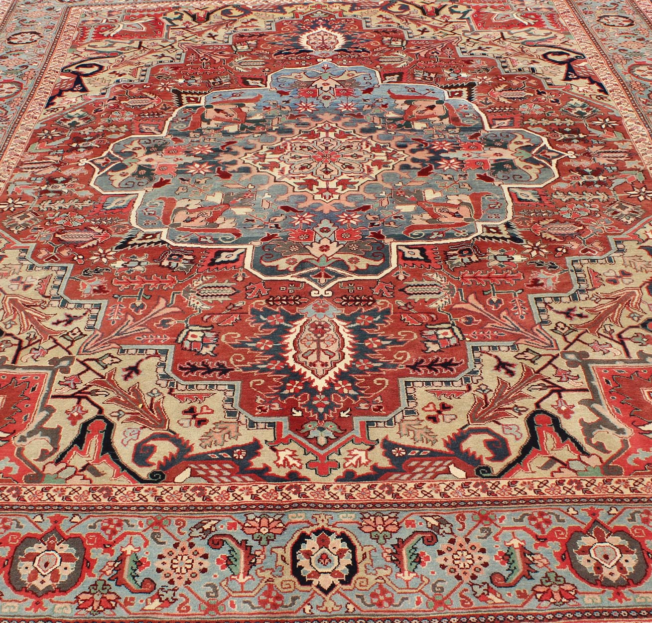 Persian Heriz - Serapi Vintage Rug with Geometric Design in Soft Colors. Large Heriz - Serapi Vintage Persian Rug with Geometric Design in Rust Red, Light Blue, yellow, and Multi colors. Keivan Woven Arts/ Rug/ BN, Country/type/ Persian Rug, Serapi ... - Keivan Woven ArtsBN - 1201Rug