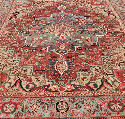 Persian Heriz - Serapi Vintage Rug with Geometric Design in Soft Colors. Large Heriz - Serapi Vintage Persian Rug with Geometric Design in Rust Red, Light Blue, yellow, and Multi colors. Keivan Woven Arts/ Rug/ BN, Country/type/ Persian Rug, Serapi ... - Keivan Woven ArtsBN - 1201Rug