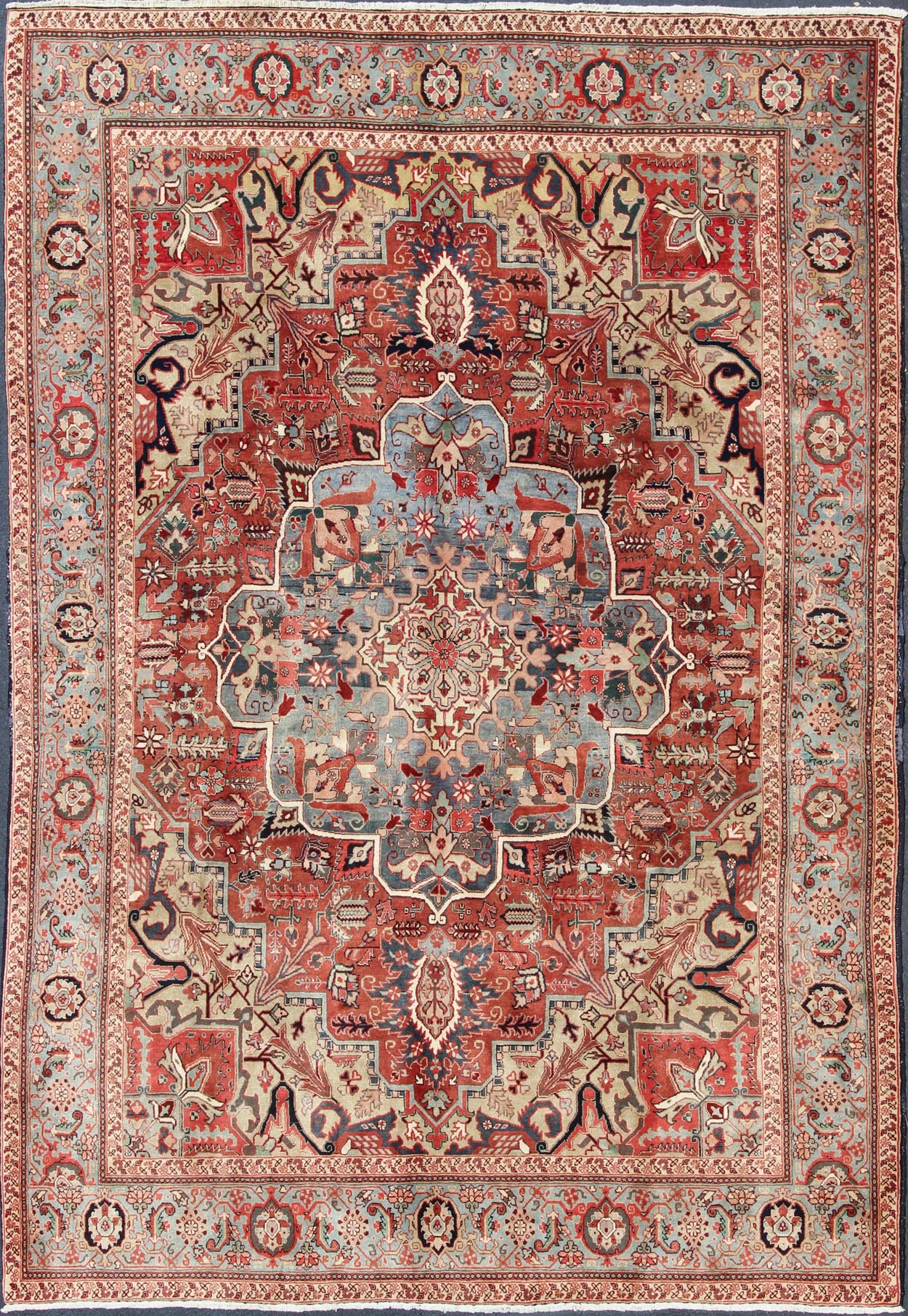 Persian Heriz - Serapi Vintage Rug with Geometric Design in Soft Colors. Large Heriz - Serapi Vintage Persian Rug with Geometric Design in Rust Red, Light Blue, yellow, and Multi colors. Keivan Woven Arts/ Rug/ BN, Country/type/ Persian Rug, Serapi ... - Keivan Woven ArtsBN - 1201Rug