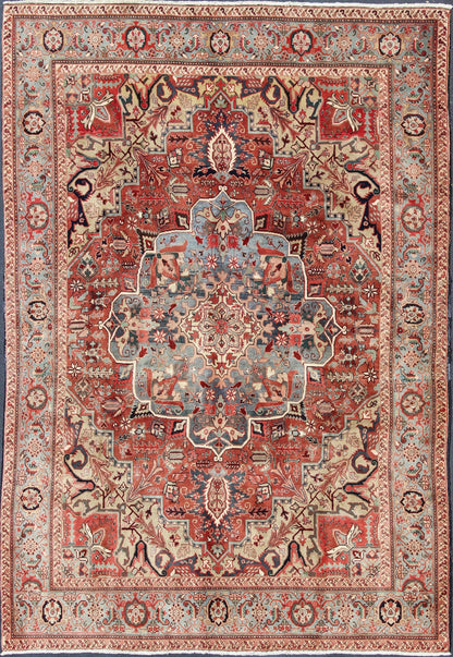 Persian Heriz - Serapi Vintage Rug with Geometric Design in Soft Colors. Large Heriz - Serapi Vintage Persian Rug with Geometric Design in Rust Red, Light Blue, yellow, and Multi colors. Keivan Woven Arts/ Rug/ BN, Country/type/ Persian Rug, Serapi ... - Keivan Woven ArtsBN - 1201Rug
