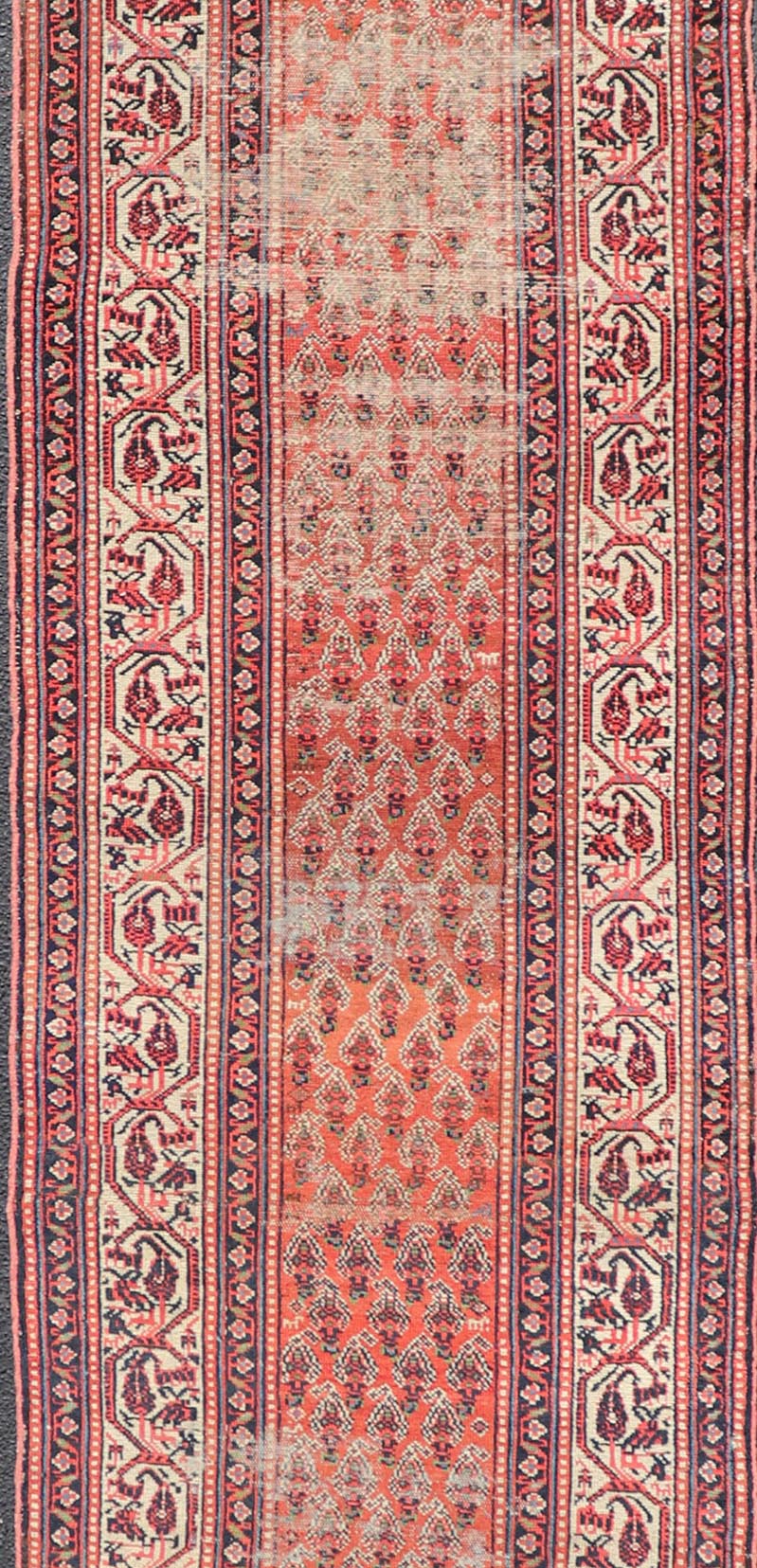 Distressed Antique Persian Malayer Runner with Field of Paisleys Design in Red Measures 3'2 x 15'2 This century old Persian Malayer defines the craftsmanship of this era. The multi - tier border features inner and outer guards decorat... - Keivan Woven ArtsBW - 1 - 20860Rug