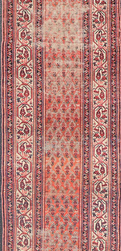 Distressed Antique Persian Malayer Runner with Field of Paisleys Design in Red Measures 3'2 x 15'2 This century old Persian Malayer defines the craftsmanship of this era. The multi - tier border features inner and outer guards decorat... - Keivan Woven ArtsBW - 1 - 20860Rug