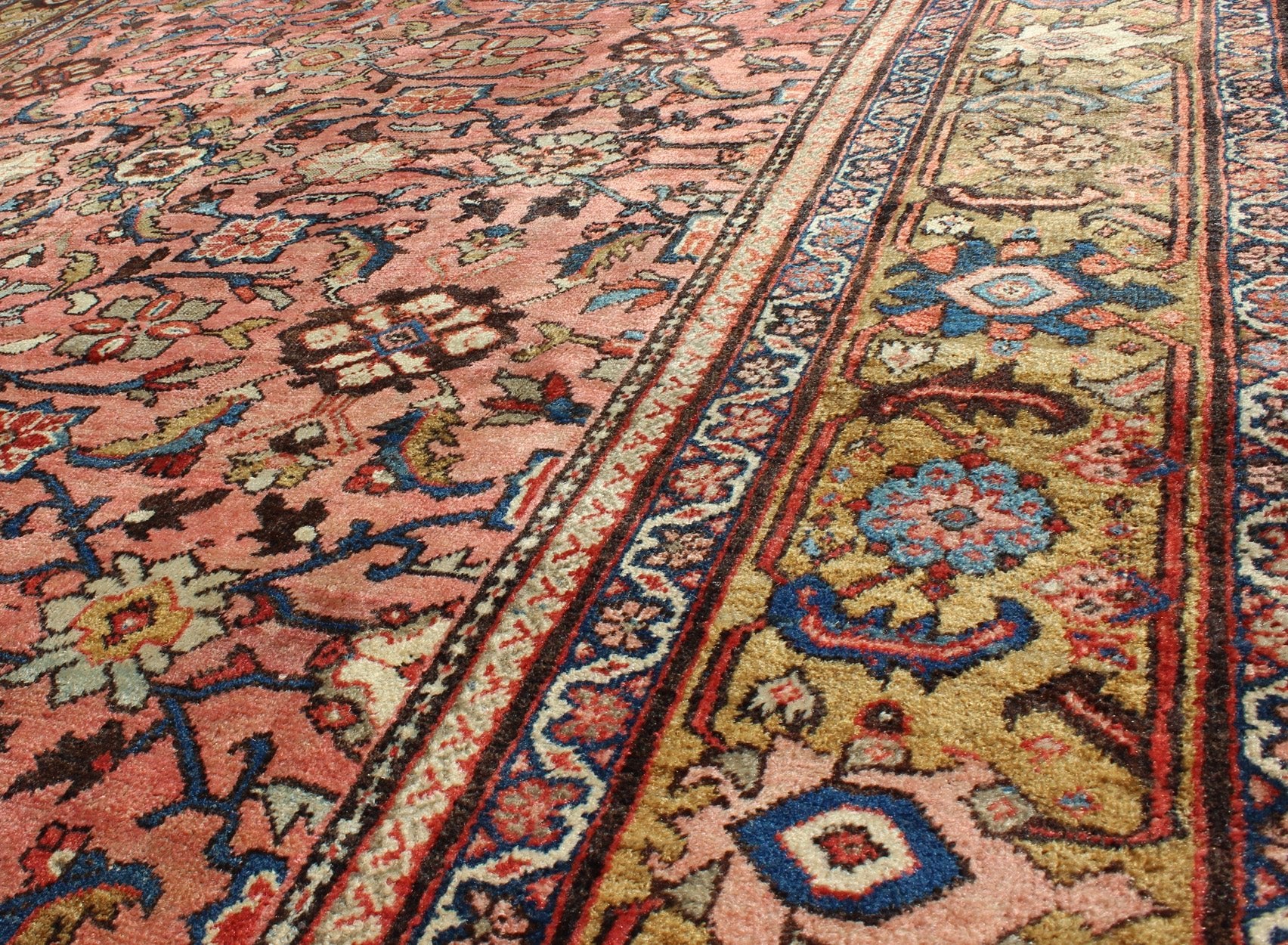 Antique Persian Sultanabad Colorful Rug With All - Over Design in salmon & Gold. Antique 19th century Persian Sultanabad. Keivan Woven Arts / 1890, Keivan Woven Arts/rug/ C - 0103, country of origin / type: Iran / Antique Sultanabad Measures: 7'6 x ... - Keivan Woven ArtsC - 0103 - 179Rug