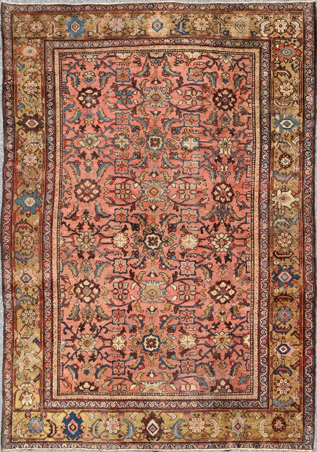 Antique Persian Sultanabad Colorful Rug With All - Over Design in salmon & Gold. Antique 19th century Persian Sultanabad. Keivan Woven Arts / 1890, Keivan Woven Arts/rug/ C - 0103, country of origin / type: Iran / Antique Sultanabad Measures: 7'6 x ... - Keivan Woven ArtsC - 0103 - 179Rug