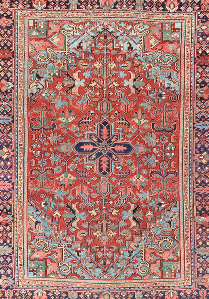 Antique Heriz - Serapi Rug with Small Central Medallion and Geometric Design Made in the early 20th Century in Iran, this charming antique Heriz features an open design and an array of cheerful colors. Surrounding its small central medallion, this... - Keivan Woven ArtsC - 0105 - 1726Rug
