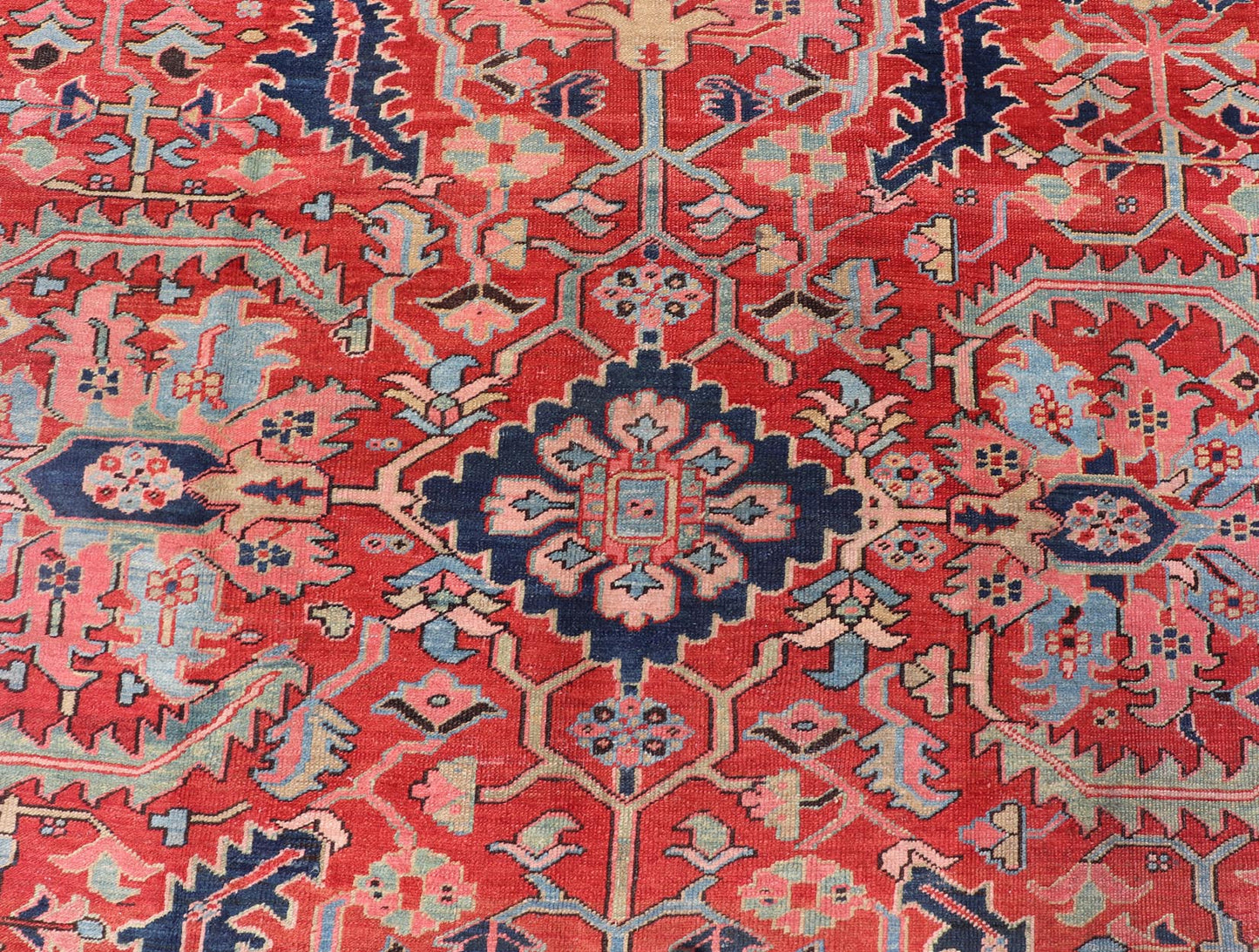 Antique Persian All Over Large Serapi Rug With Rust Red Background and Blue Border and large scale geometric Flowers. Keivan Woven Arts / Rug / C - 0301, country of origin / type: Iran /Serapi, circa 1900. Measures: 10' x 13'10. This Anti... - Keivan Woven ArtsC - 0301 - 451Rug