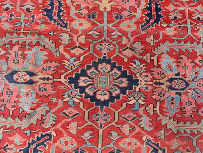 Antique Persian All Over Large Serapi Rug With Rust Red Background and Blue Border and large scale geometric Flowers. Keivan Woven Arts / Rug / C - 0301, country of origin / type: Iran /Serapi, circa 1900. Measures: 10' x 13'10. This Anti... - Keivan Woven ArtsC - 0301 - 451Rug