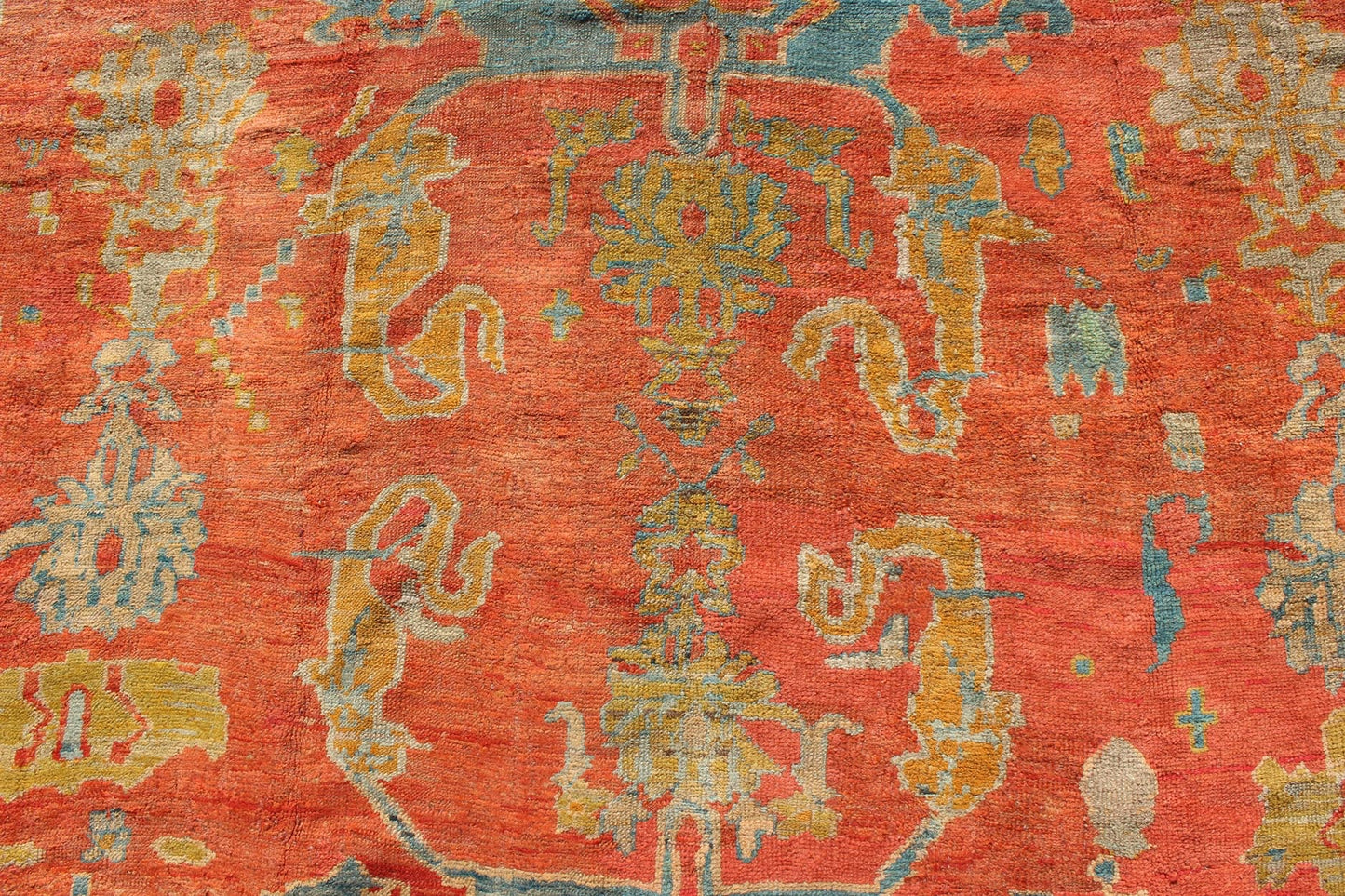 Antique 19th Century Oushak with Tribal Design in Orange Red, Blue, L. Green, Ice Blue, Square size antique Oushak, Keivan Woven Arts / rug C - 0532, country of origin / type: Turkey / Oushak, circa 19th century Oushak. Antique Oushak with Tribal Design ... - Keivan Woven ArtsC - 0532 - 730Rug