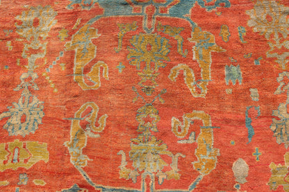 Antique 19th Century Oushak with Tribal Design in Orange Red, Blue, L. Green, Ice Blue, Square size antique Oushak, Keivan Woven Arts / rug C - 0532, country of origin / type: Turkey / Oushak, circa 19th century Oushak. Antique Oushak with Tribal Design ... - Keivan Woven ArtsC - 0532 - 730Rug