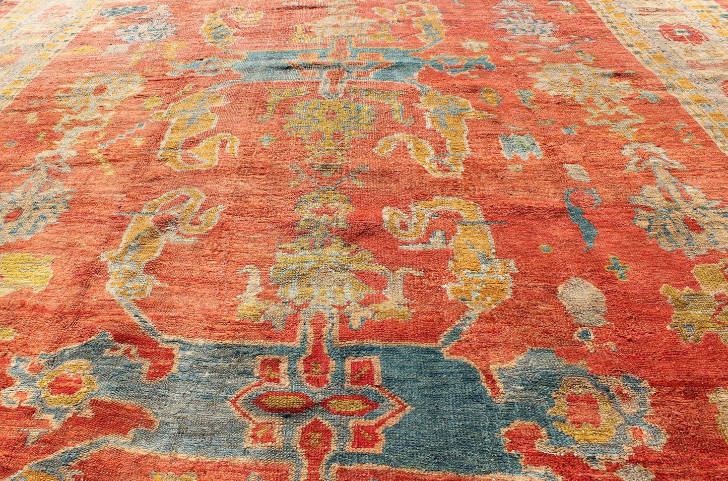 Antique 19th Century Oushak with Tribal Design in Orange Red, Blue, L. Green, Ice Blue, Square size antique Oushak, Keivan Woven Arts / rug C - 0532, country of origin / type: Turkey / Oushak, circa 19th century Oushak. Antique Oushak with Tribal Design ... - Keivan Woven ArtsC - 0532 - 730Rug