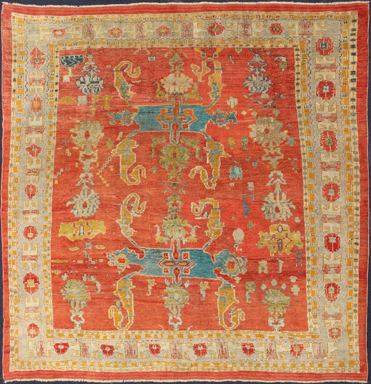 Antique 19th Century Oushak with Tribal Design in Orange Red, Blue, L. Green, Ice Blue, Square size antique Oushak, Keivan Woven Arts / rug C - 0532, country of origin / type: Turkey / Oushak, circa 19th century Oushak. Antique Oushak with Tribal Design ... - Keivan Woven ArtsC - 0532 - 730Rug