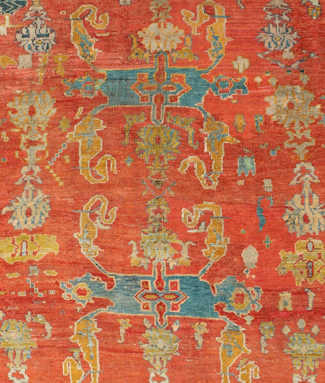 Antique 19th Century Oushak with Tribal Design in Orange Red, Blue, L. Green, Ice Blue, Square size antique Oushak, Keivan Woven Arts / rug C - 0532, country of origin / type: Turkey / Oushak, circa 19th century Oushak. Antique Oushak with Tribal Design ... - Keivan Woven ArtsC - 0532 - 730Rug