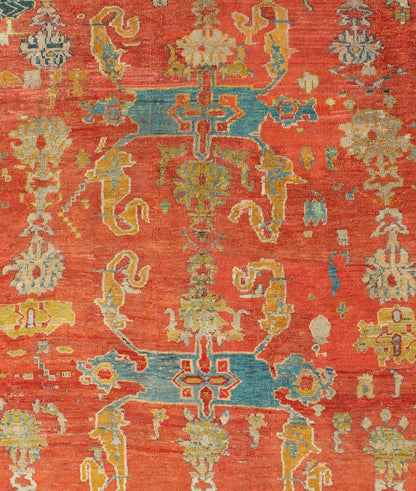 Antique 19th Century Oushak with Tribal Design in Orange Red, Blue, L. Green, Ice Blue, Square size antique Oushak, Keivan Woven Arts / rug C - 0532, country of origin / type: Turkey / Oushak, circa 19th century Oushak. Antique Oushak with Tribal Design ... - Keivan Woven ArtsC - 0532 - 730Rug