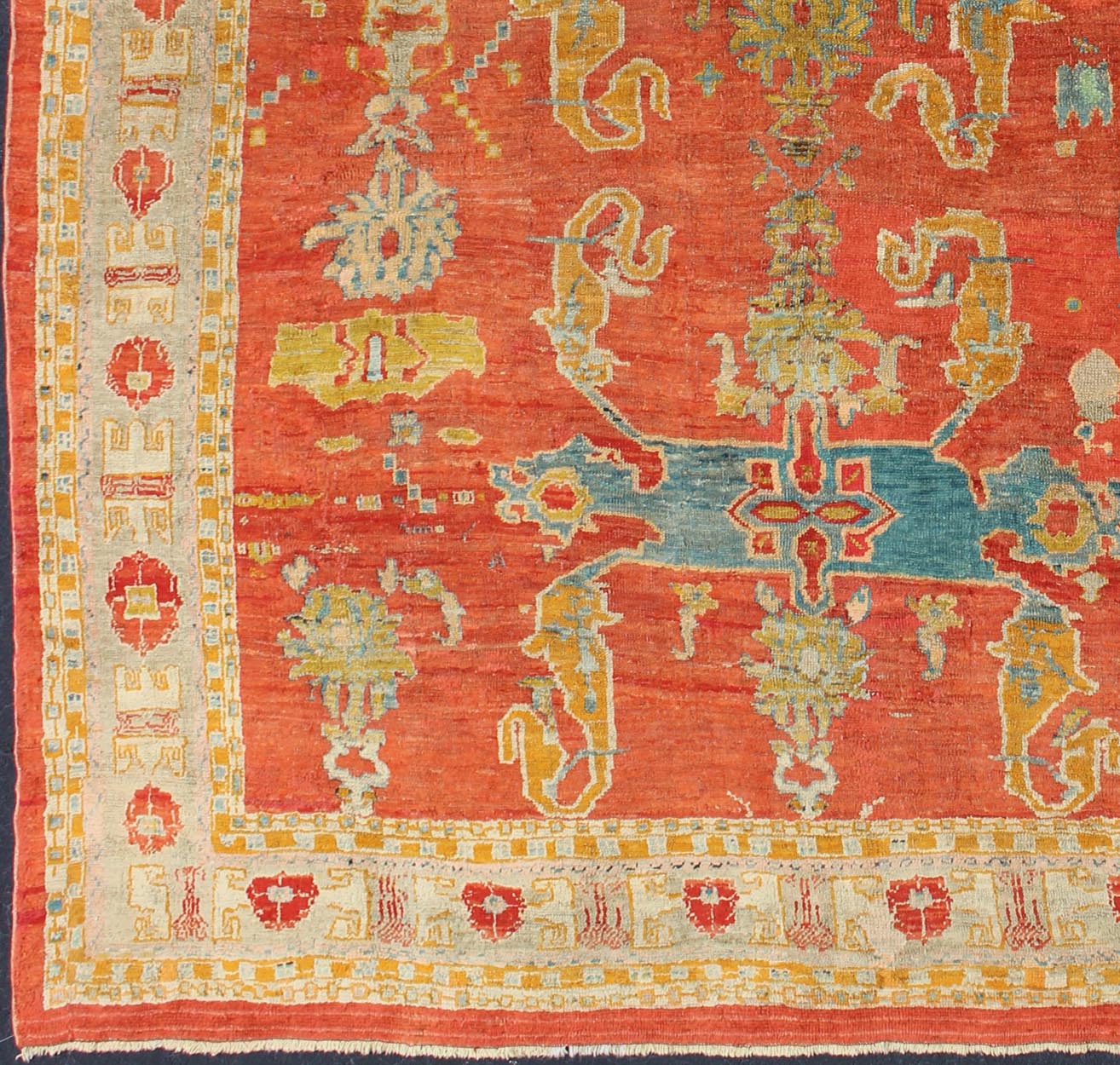 Antique 19th Century Oushak with Tribal Design in Orange Red, Blue, L. Green, Ice Blue, Square size antique Oushak, Keivan Woven Arts / rug C - 0532, country of origin / type: Turkey / Oushak, circa 19th century Oushak. Antique Oushak with Tribal Design ... - Keivan Woven ArtsC - 0532 - 730Rug