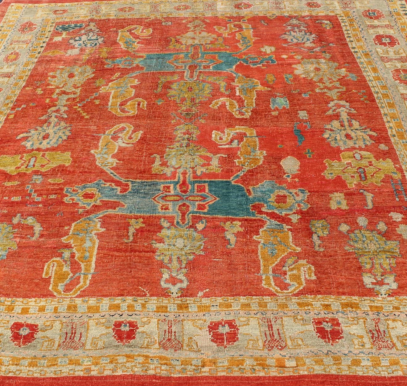 Antique 19th Century Oushak with Tribal Design in Orange Red, Blue, L. Green, Ice Blue, Square size antique Oushak, Keivan Woven Arts / rug C - 0532, country of origin / type: Turkey / Oushak, circa 19th century Oushak. Antique Oushak with Tribal Design ... - Keivan Woven ArtsC - 0532 - 730Rug