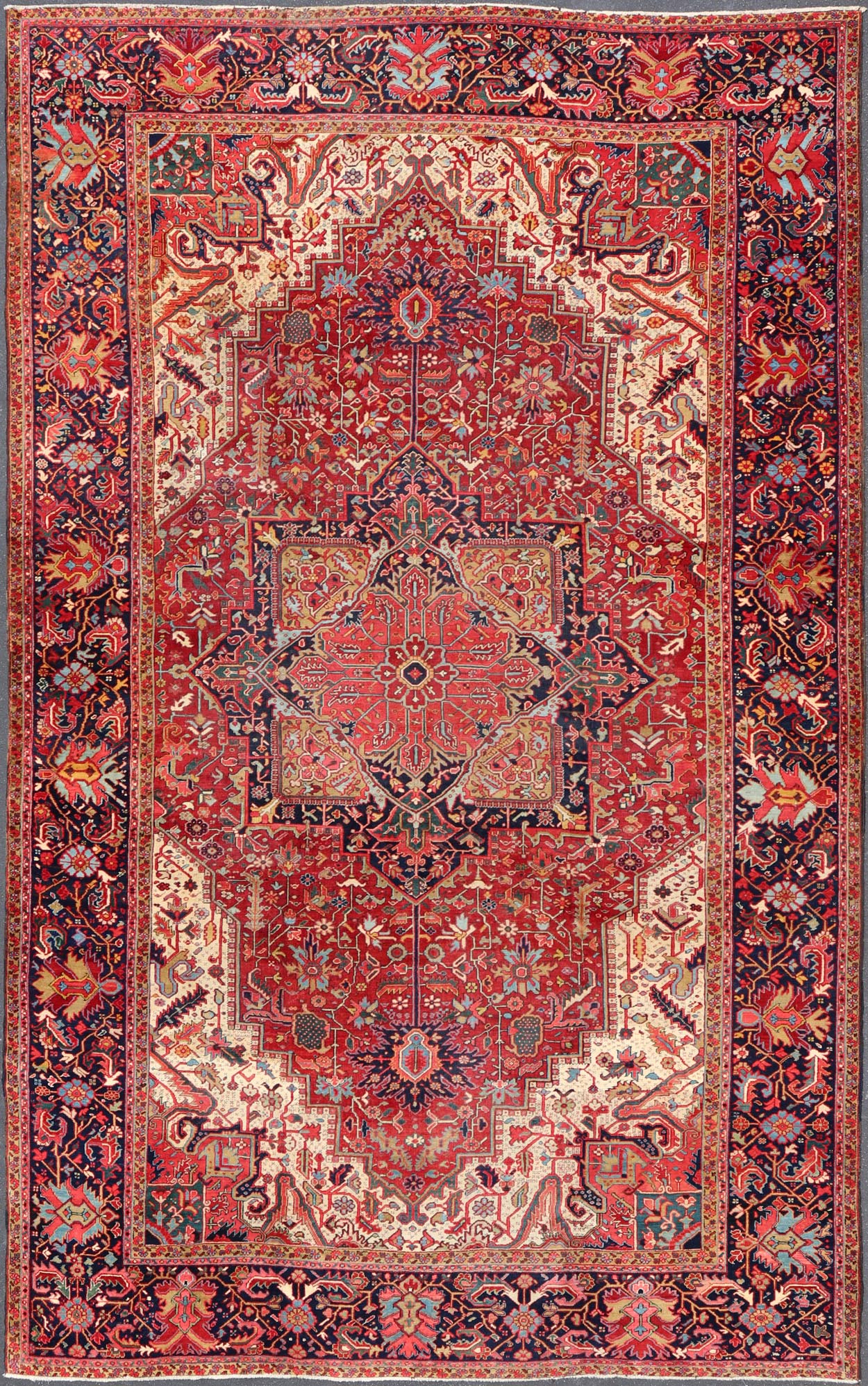Richly colored large antique Persian Heriz - Serapi carpet with geometric design. Keivan Woven Arts / rug C - 0535, country of origin / type: Iran / Heriz - Serapi, circa 1900. Measures: 11'4 x 17'11. This incredible Heriz - Serapi features a large - scale... - Keivan Woven ArtsC - 0535 - 355Rug