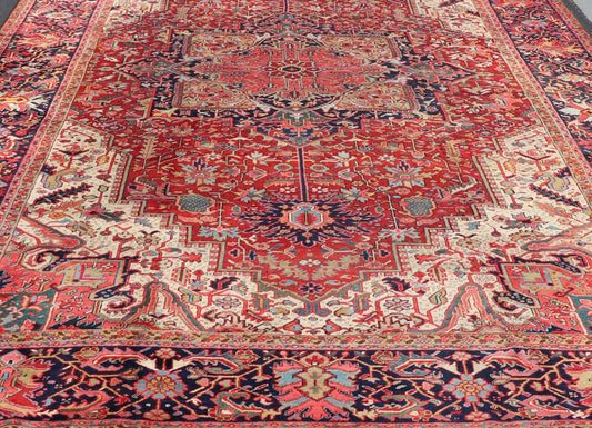 Richly colored large antique Persian Heriz - Serapi carpet with geometric design. Keivan Woven Arts / rug C - 0535, country of origin / type: Iran / Heriz - Serapi, circa 1900. Measures: 11'4 x 17'11. This incredible Heriz - Serapi features a large - scale... - Keivan Woven ArtsC - 0535 - 355Rug