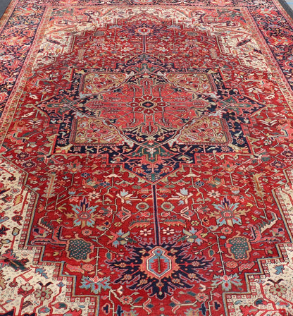 Richly colored large antique Persian Heriz - Serapi carpet with geometric design. Keivan Woven Arts / rug C - 0535, country of origin / type: Iran / Heriz - Serapi, circa 1900. Measures: 11'4 x 17'11. This incredible Heriz - Serapi features a large - scale... - Keivan Woven ArtsC - 0535 - 355Rug